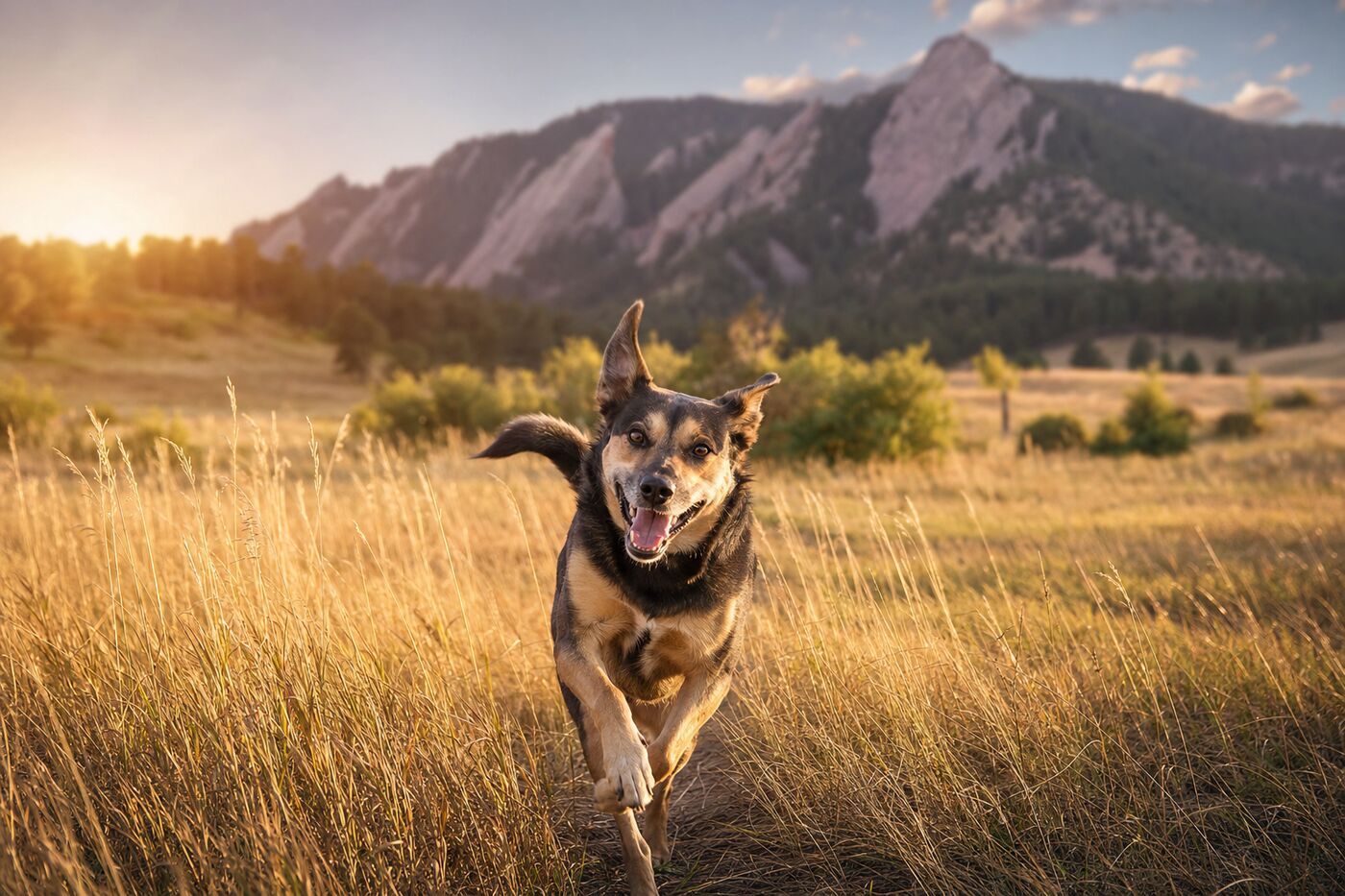 A joyful mixed-breed dog runs through golden grass at sunset with the Boulder Flatirons in the background
